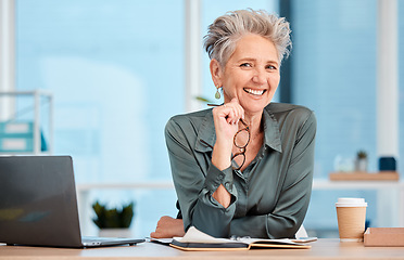 Image showing Business, woman and portrait of a mature ceo proud of her startup company success in a corporate office. Mature entrepreneur, face and front of a female executive happy with her professional career