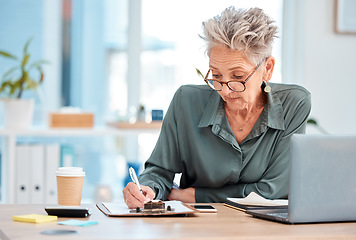 Image showing Senior, contract and business woman sign a legal document in a office reading a corporate report. Signature, working and planning elderly ceo writing on insurance, investment or pension paperwork