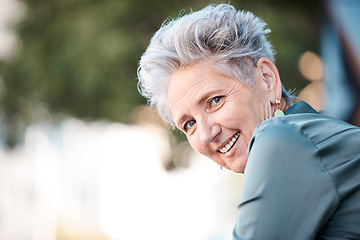 Image showing City, success and portrait of senior woman outdoors thinking of future, ideas and vision for corporate company. Leadership, motivation and face of elderly female entrepreneur sitting in urban town