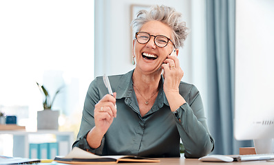 Image showing Business phone call, networking and woman planning, communication notes and comic conversation in an office at work. Happy strategy, corporate discussion and worker on the phone for a company plan