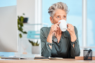 Image showing Ceo, vision and coffee with a businesswoman enjoying a cup of tea while thinking of innnovative ideas. Mature executive, drink caffeine and inspired with creative professional ideas for innovation