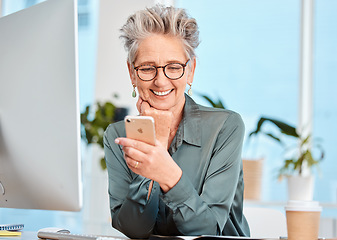 Image showing Senior business woman, ceo with smartphone for company communication, technology and email check. Mature executive with cellphone, smile at social media post and manager online with 5g network.