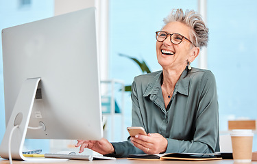 Image showing Happy senior, executive woman and computer at office desk, smile and reading on social media, email or meme. Elderly manager, receptionist or communication expert with happiness, comic or funny laugh