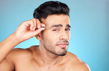 Image showing Eyebrow hair, tweezers and portrait model doing hair removal routine, beauty grooming or eyebrows maintenance treatment. Face cleaning tools, spa wellness salon or man with self care bathroom product