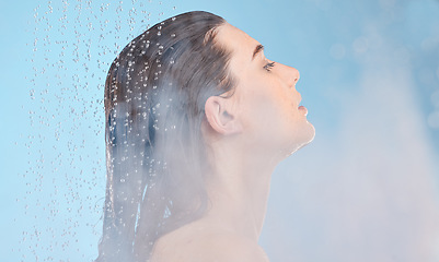 Image showing Wet shower, water and woman in bathroom doing body care, hygiene and cleaning. Water drops, care and person doing skincare, wellness and relax wash with liquid and spa steam for healthy skin