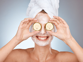 Image showing Woman, cucumber and skincare mask for beauty, health and wellness by studio background with smile. Cream, face mask and model with vegetable for facial, cleaning and cosmetics with happiness for skin