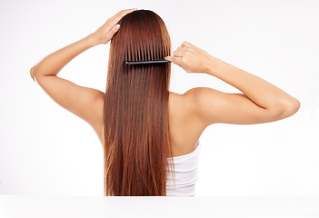 Image showing Hair care, brush and back of woman with comb for haircare maintenance, self care grooming or healthy beauty treatment. Strong hair growth, spa salon hairstyle or model girl combing clean shampoo hair