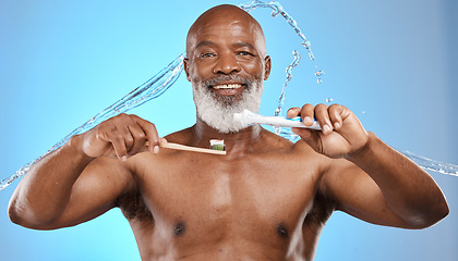 Image showing Toothbrush, bamboo and black man in studio with toothpaste, water splash and portrait for dental, mouth and wood product promotion. Senior model face, brushing teeth and eco friendly marketing mockup