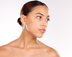 Image showing Face, beauty and skincare with a model black woman in studio on a gray background for natural treatment. Luxury, wellness and facial with an attractive young female posing to promote skin care