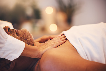 Image showing Massage, spa and therapist hands with man client in luxury, zen or calm room with physical therapy, wellness and vacation healing. Bokeh, healthcare service and beauty worker giving a body treatment