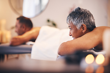 Image showing Senior woman, spa and man on massage bed with happiness, peace and relax for health getaway. Couple, wellness and physical therapy in salon, holistic body treatment and blurred background in Jakarta