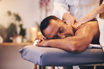 Image showing Sleep massage, spa therapy and man with luxury care, hotel wellness and muscle relax with hands of massage therapist. Zen hospitality, sleeping treatment and person at a salon for holiday relaxation