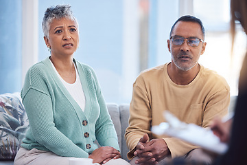 Image showing Marriage counseling, consultation and senior couple with therapist advice for communication problem, help or support. Psychology, elderly divorce therapy and psychologist consulting man and woman