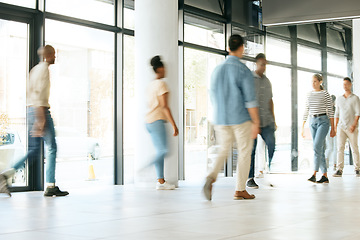 Image showing Business people, busy office and walking fast at work, diversity and productive with blur, moving and company growth. Staff, corridor and walk with speed, men and women in the workplace with motion