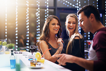 Image showing Party, people and cocktail at a club for birthday, celebration and having fun at a nightclub, smile and talking. Friends, pub and happy hour by man and women celebrate event, new years or weekend