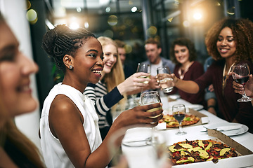 Image showing Diversity, dinner and group of people toast celebration together at party. Friends, happy and celebrate with food, wine and friendship for love, support and cheers champagne at business function