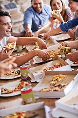 Image showing Pizza, party and group of people eating fast food, lunch and meal in celebration together at restaurant, home or cafe. Happy friends enjoy social gathering at pizzeria, cafeteria table and community