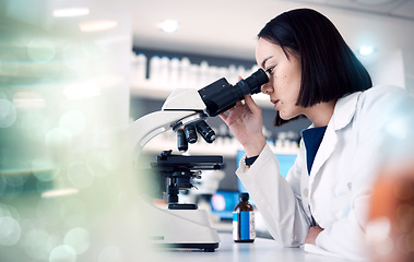 Image showing Woman, laboratory or doctor with microscope for science data analysis, medical innovation or healthcare research. Scientist, futuristic or female nurse working with medicine, DNA or vaccine data exam