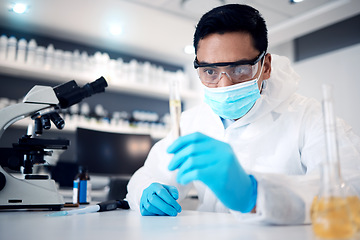 Image showing Scientist, research and man work in lab for science innovation in chemistry or physics, microscope and test tube for scientific experiment. Face mask, safety with chemical liquid and results analysis