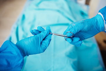 Image showing Scissor, hands and surgery for healthcare, medical or emergency room for heart failure procedure. Doctor, nurse and team with equipment in hospital, recovery or diagnosis for patient or staff hygiene