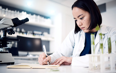 Image showing Scientist, woman and writing notes in laboratory, record test results, data analysis of science experiment. Asian doctor, research study and scientific innovation, notebook and pen at Japanese lab.