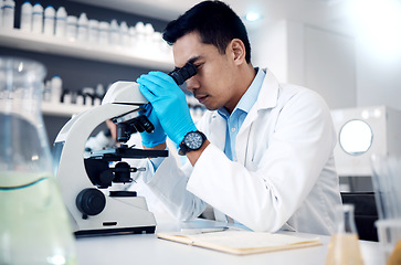 Image showing Microscope, Asian man in laboratory for healthcare, science method and research innovation. Male researcher, chemist and medical professional check sample, results and lab equipment for analysis.