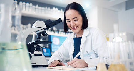 Image showing Science, notes and woman in laboratory for data analysis, research and test results with microscope technology innovation. Writing, notebook and asian pharmaceutical pharmacist or scientist in clinic