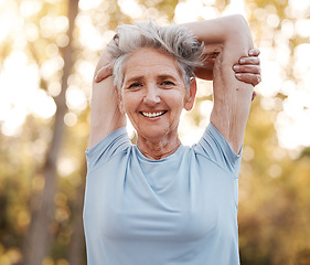 Image showing Portrait, senior woman and stretching for health, wellness with smile outdoor. Retirement, mature female and elderly lady exercise, workout and fitness to relax, energy and healthy for training.