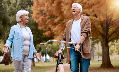 Image showing Elderly, couple and bike in the park for nature walk and exercise outdoor, senior man laugh at funny joke with old woman and eco friendly travel. Walking, cycling bicycle and retirement in New York.