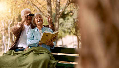 Image showing Bird watching, book and senior couple in a park, retirement hobby and holiday adventure in Sweden. Bird search, elderly smile and man and woman with knowledge of animals and binoculars in nature