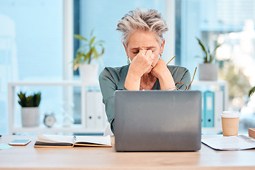 Image showing Stress, headache and woman with laptop, mental health and anxiety in office. Depression, business female and entrepreneur with burnout experience, unhappy, overworked and pain for startup company.