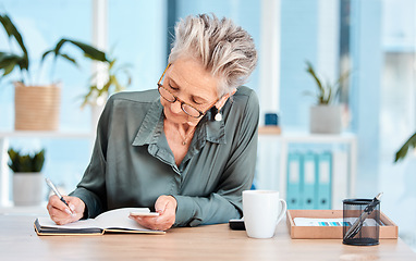 Image showing Writing, notebook and schedule with a woman ceo, manager or boss checking her diary for an appointment. Calendar, coffee and notes with a senior female employee using a pen to write in her planner