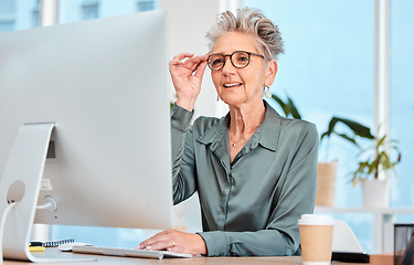 Image showing Computer email, reading and business woman networking, working reception and corporate research on the internet. Company receptionist, online planning and senior worker typing information on a pc