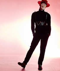 Image showing Fashion, luxury trend and man posing on a pink studio background for aesthetic style. Creative, model and fashionable guy with cool, expensive clothing and stylish, edgy confidence and vitiligo