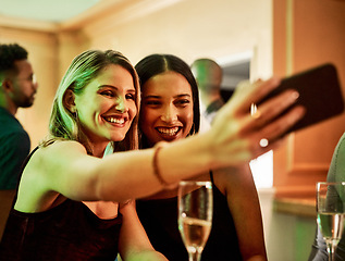 Image showing Party, phone or friends taking a selfie for social media content or to post happy profile pictures on ladies night. Event, girls or women take a photo with wine or champagne drinks for a celebration