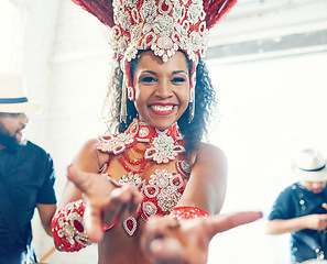 Image showing Festival, carnival and portrait of samba dancer ready for performance, dancing and Mardi Gras concert in Brazil. Culture, party and happy Latin woman in costume with musical band for social event