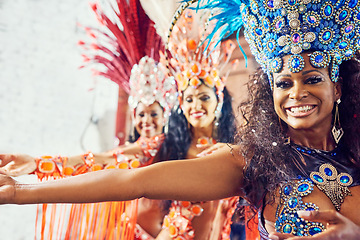 Image showing Brazil, dance and carnival with a woman group at a festival during a performance of tradition, culture or heritage. Portrait, event and celebration with female dancers dancing in rio de janeiro