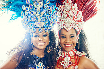 Image showing Festival, carnival and with portrait of women in colourful costumes for dance, party and celebration in rio de janeiro. Culture, salsa and performance with face of girl for music, social and artist