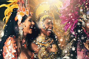 Image showing Women, samba and dancers hugging and bonding in costume before a carnival celebration. Party, festival and group of ladies in creative outfits in Rio de Janeiro for artist or artistic performance