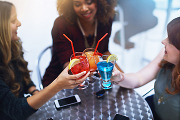 Image showing Friends with cocktail, toast at club for happy hour, women together for celebration and ladies night with event and alcohol drinks. Happy, fun and female group having cocktails with social gathering.