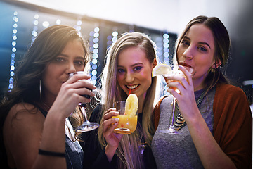 Image showing Friends with cocktail drinks, women party at nightclub with alcohol and ladies night in Los Angeles, happy hour portrait. Cocktails, smile and fun together at club, celebration or social event.