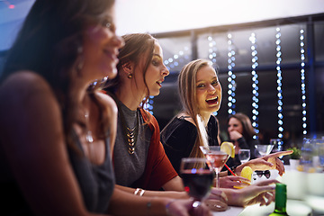 Image showing Party celebration, happy drinks and friends at a club for entertainment, happy hour and social new years event. Night disco, cocktails and portrait of women with alcohol at a night club to celebrate