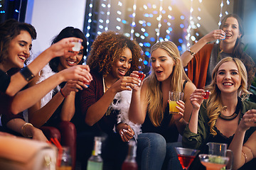 Image showing Party, nightclub and friends with alcohol shots for birthday celebration, ladies night and social event. Cheers, toast and women drinking to celebrate happy hour at disco, rave and cocktail bar