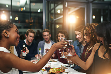 Image showing Friends, party and toast with wine for celebration, new year dinner feast and happy with social gathering and friendship. Men, women and food with alcohol drink, pizza and beer to celebrate together.