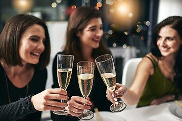 Image showing Celebration, friends and dinner toast at restaurant for togetherness, happiness and wellness with smile. Alcohol, dining and cheers of women drinking together to celebrate happy friendship.