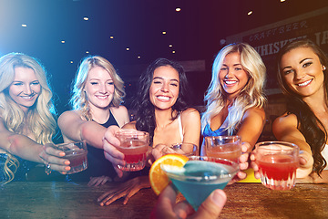 Image showing Cocktails, happy hour and friends at club with a toast to celebrate, new years social and drinks during a girls night. Party, alcohol and group of women with a cheers during a celebration at an event
