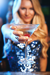 Image showing Party, nightclub and woman with cocktail in hand ready for celebration, toast and cheers on dance floor. Social event, happy hour and closeup of girl with alcoholic drink at disco, rave and club