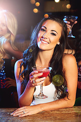 Image showing Woman with cocktail at nightclub, celebration with alcohol drink and new year party, happy hour and social event. Cocktails, club and female drinking, smile and happy to celebrate holiday.