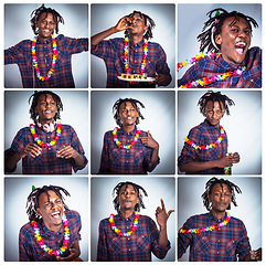 Image showing Alcohol shots, crazy and man drunk on spring break vacation, happy and excited for party celebration. Fun energy collage, vodka tequila drinks and African student celebrate with lei flowers and beer