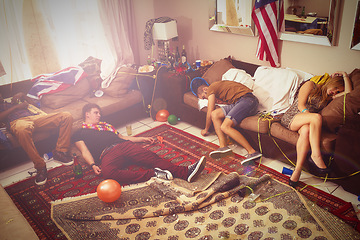 Image showing Sleeping, drunk and party with people in living room in the morning with hangover, celebration and spring break. Summer, social and drink with group of friends at home for event, tired and vacation